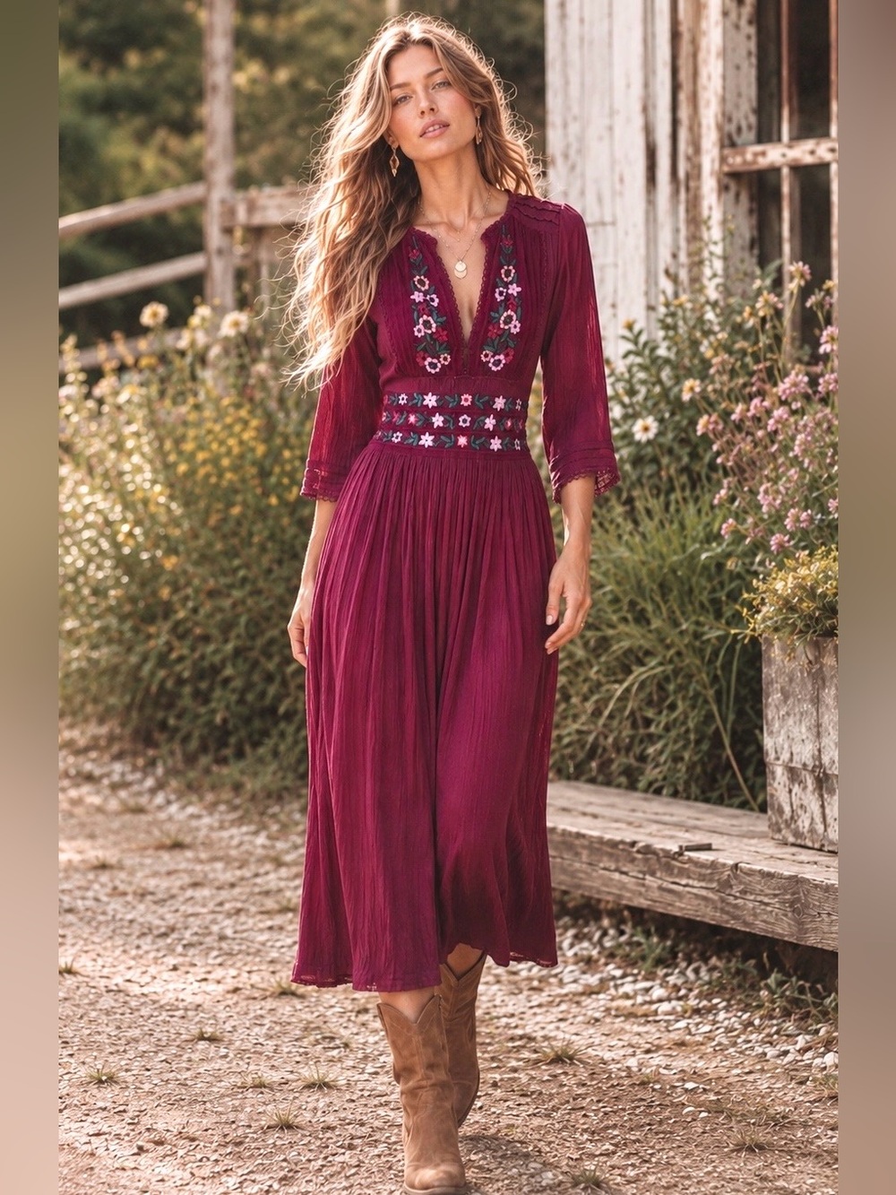 Free People Flora Midi Dress Deep Berry Embroidered Boho Size S